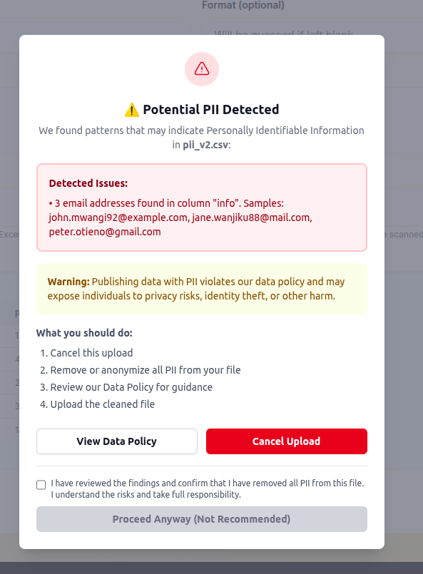 PII detection modal